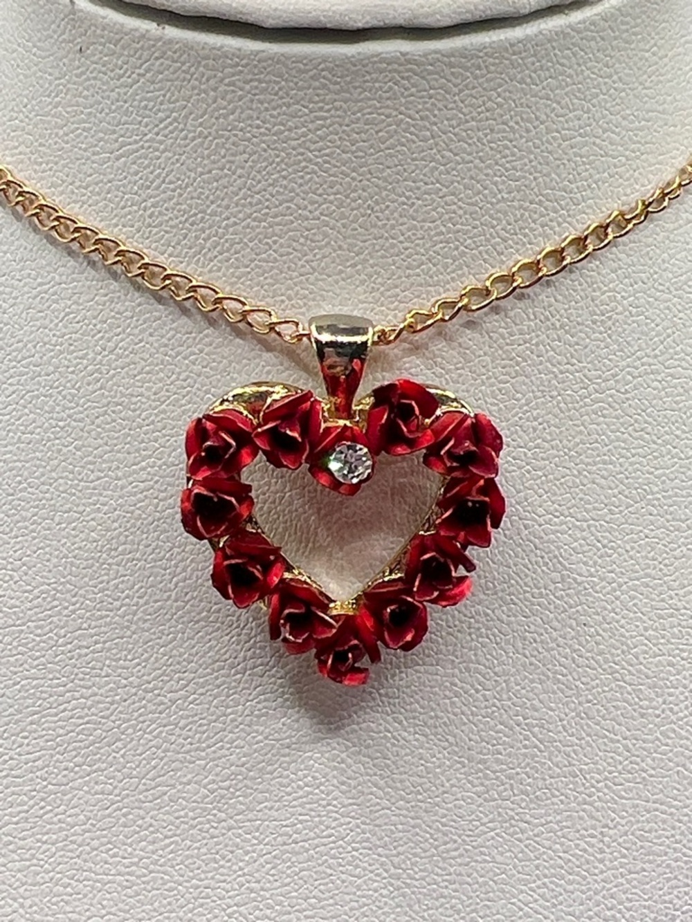 DMO Heart Necklace with Red Rose Accents and Rhinestone